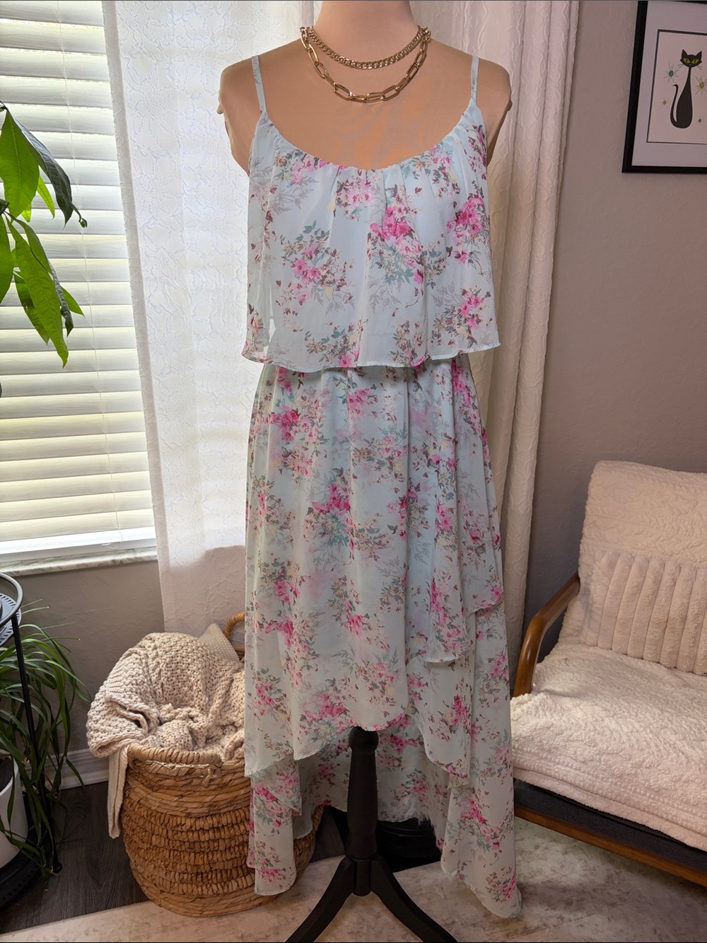 Disney Cinderella blue floral print scoop neck hi low dress size medium